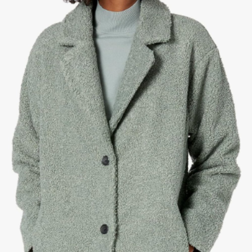 Sage Green Teddy Bear Fleece Jacket with Oversized-Fit Lapel NWT